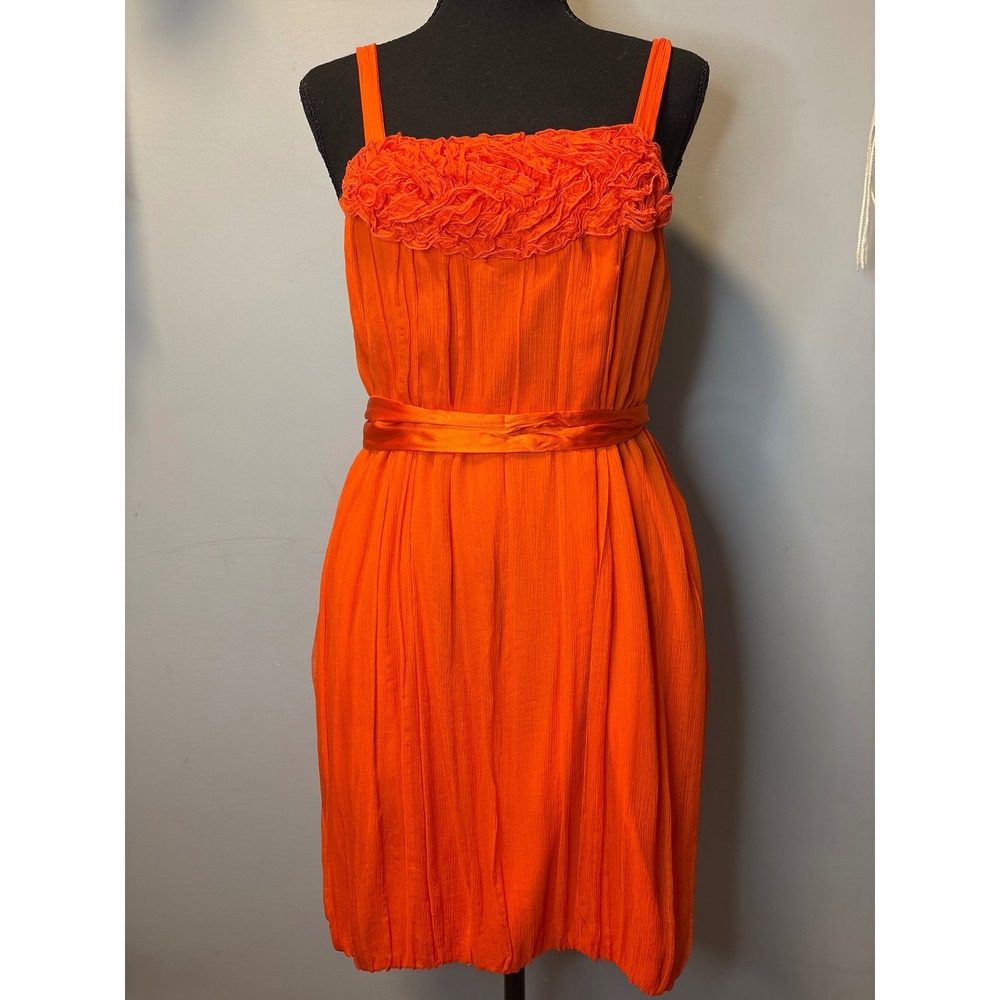 Alice + Olivia Orange 100% Silk Ruffle Neck Mini Bubble Dress with Pockets S